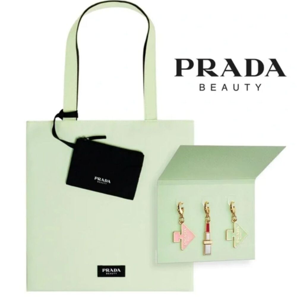 NEW PRADA Beauty Reversible Green Tote Bag + 3 Beautiful Charms W/ Dust Bag